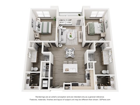 Floor plan for 2 beds, 2 baths, 1100 sqft